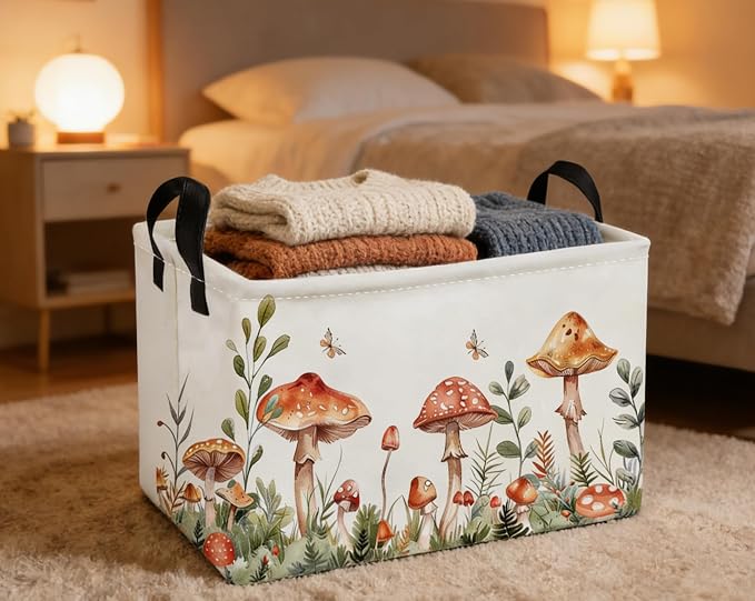 Essme Rectangular Mushroom Basket,Kids Storage Bins Organizer with Handles for Girls Room Decor, Gift Basket,Shelf Basket.(Mushroom)