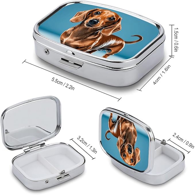 Dachshund Weiner Pet Dog Pill Box Travel Pill Organizer 2-Compartment with Mirror Design Portable Square Medicine Case for Vitamins, Jewelry & Essentials Durable Pocket Pillcase for Purse, Camping