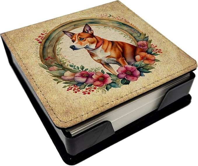 Caroline's Treasures Basenji and Flowers PU Leather Note Paper Holder with Artist-Designed Cover, Desk Accessory, Office Gift