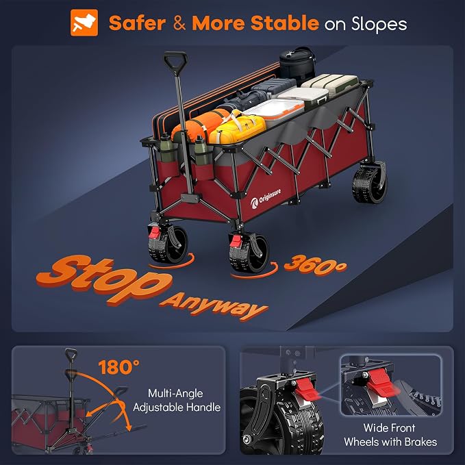 Originsure 300L Beach Wagon Cart Foldable with Big Wheels,560lbs,Grey&Red | 48" Folding Utility Wagon,7" All-Terrain Wheels,Heavy Duty Frame,Compact&Space-Saving,for Camping,Sports,Grocery,Garden