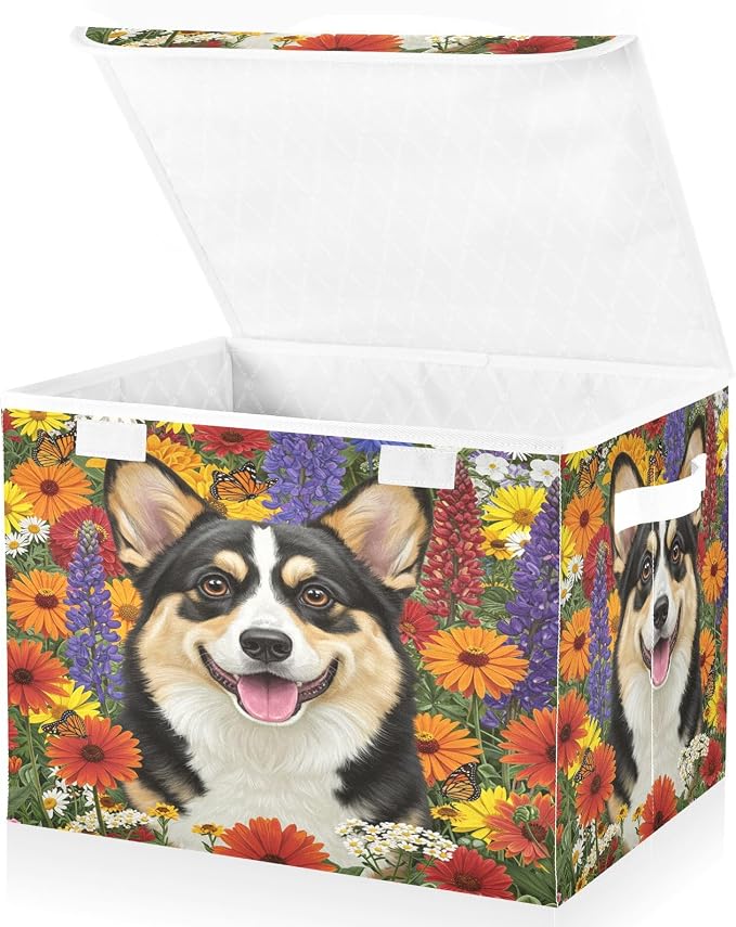 Pet Flower Storage Bins with Lids Closet Bedroom 40L Storage Basket | Decorative Storage Boxes, Foldable & Stackable, Dust-Proof Flip Top, Reinforced Handles, For Home & Dorm, Clothes & Toy Box
