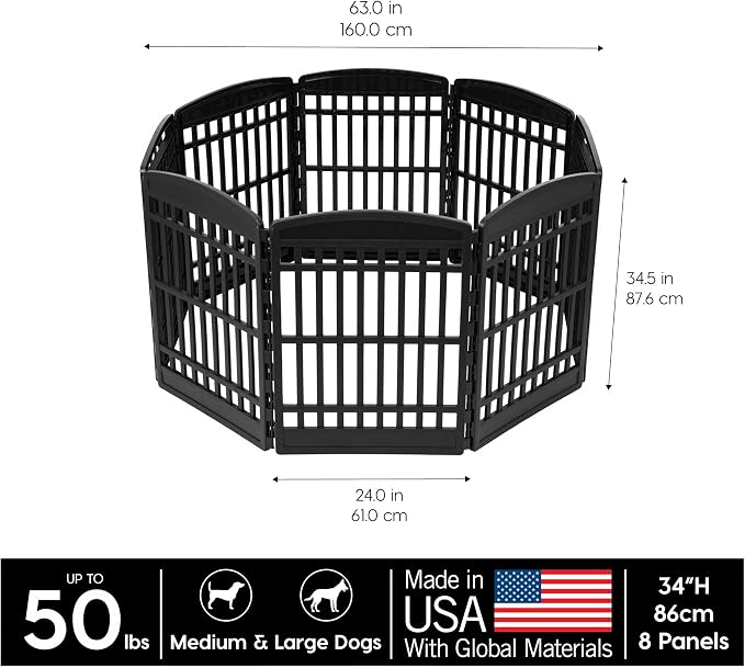 IRIS USA 8-Panel Dog Playpen, Pet Enclosure, Black | Puppy Training, Custom Pen Configuration, Configurable Layout, Multi-Shape Setup, Secure Door Latch, Stable Non-Tip Base