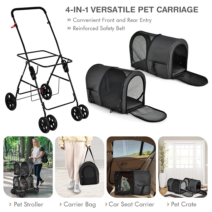 Giantex Double Pet Stroller with 2 Detachable Carrier Bags, Safety Belt, 4 Lockable Wheels, Folding Cat & Dog Stroller for Small Medium Pets, Cats Dogs Puppy Travel Strolling Cart (Black)