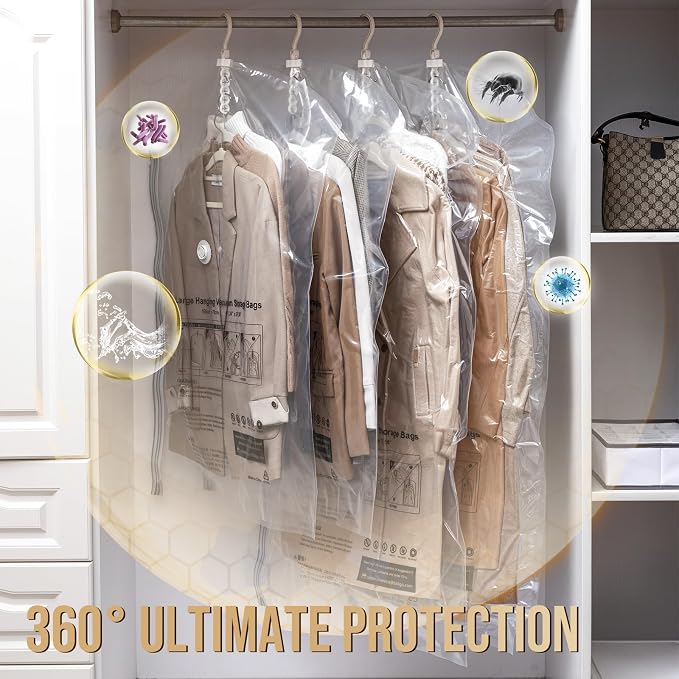 TAILI Hanging Vacuum Storage Bags for Clothes,6 Combo with Pump | Vacuum Seal Bags for Clothing Travel, Electric Pump, Winter Clothes Storage Closet Organizers, Coats, Suits and Jackets