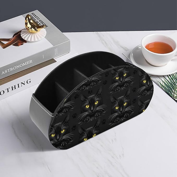 Remote Control Holder for Table Black Cat Gothic Desktop Storage Box | Makeup Brush Caddy with 5 Compartments, Black Cat Gothic Bedside Table Organizer Office Supplies