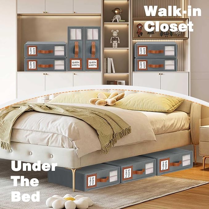 GhvyenntteS 12 Pack Bed Sheet Organizers and Storage, Sturdy Bed Sheet Organizer with Zipper and Handle, Foldable Linen Closet Organizers and Storage with Window and Label, Grey