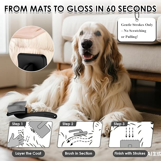 Large Dog Slicker Brush for Goldendoodles, Poodles - 3 in 1 Grooming Kit with Undercoat Rake, Comb - Extra Long Pins for Dematting Great Pyrenees, Thick Coats, Shedding, Detangling, Black