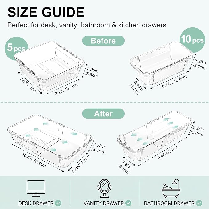 PrecisionAuto Expandable Drawer Organizer Set | Clear PET Plastic Desk Dividers for Office, Kitchen, Bathroom, and Vanity, Adjustable, Multi-Size Storage Bins Space-Saving