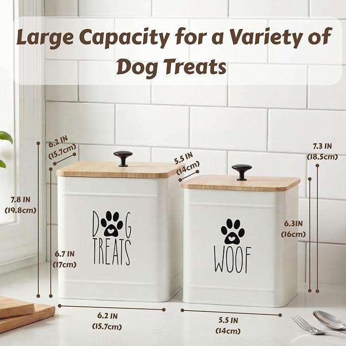 PERFNIQUE Dog Treat Container, Airtight Dog Treat Jar Set of 2, Dog Cookie Jar for kitchen Counter, Pet Treat Container, Dog Treat Canister and Storage, 7.8x6.2 & 7.3x5.5(White)