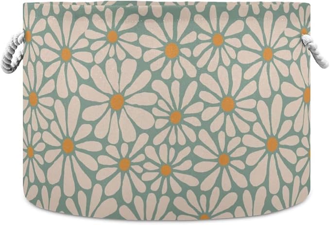 Green Daisy Flower Collapsible Round Storage Basket with Handles | Groovy Floral Large Laundry Baskets Hamper, Clothes Organizer Bin for Nursery Bedroom Living Room Decor, 20x 20x 14 Inches