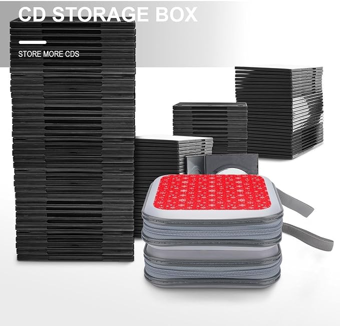 Portable CD/DVD Holder Snowflakes Christmas Red Print, 40-Capacity Hard Case with Zipper, Protective Storage Binder for Music Movies Game Discs