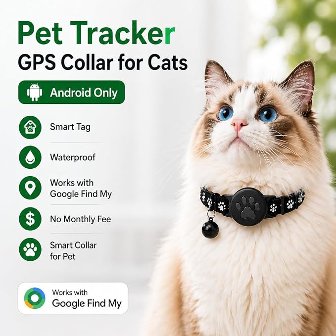 GPS Tracker for Cats, Cat Collar with Tracker for Android Users – No Monthly Fee, Google Find Hub Cat GPS Tracker Collar, IP67 Waterproof, Replaceable Battery Lasts 1 Year (Not Standalone GPS) (Black)