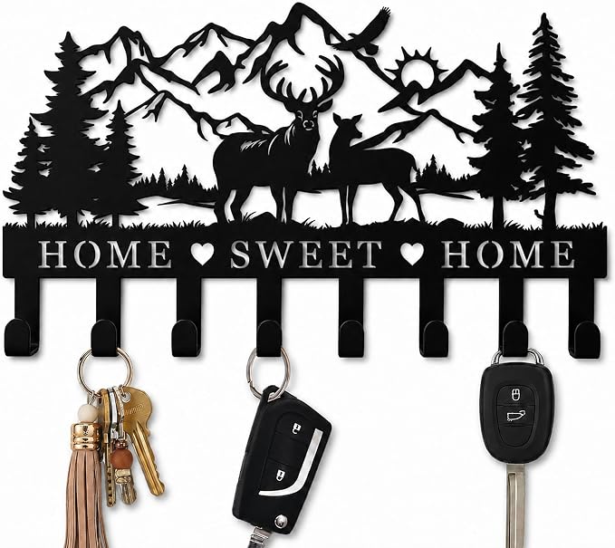 Deer Metal Key Holder for Wall, 14.5" X 9.2", Key Hooks for Wall Organizer, Key Rack, Forest Theme Coat Hat Towel Hooks, Ideal for Living Roo