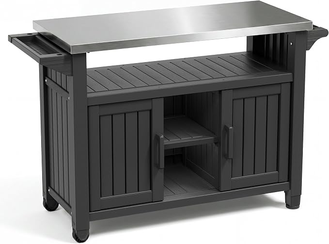 Bifanuo Outdoor Grill Table Grill Cart with Stainless Steel Top & Storage Cabinet for Food Prep and Storage, Portable and Durable with Wheels (Standard Black)