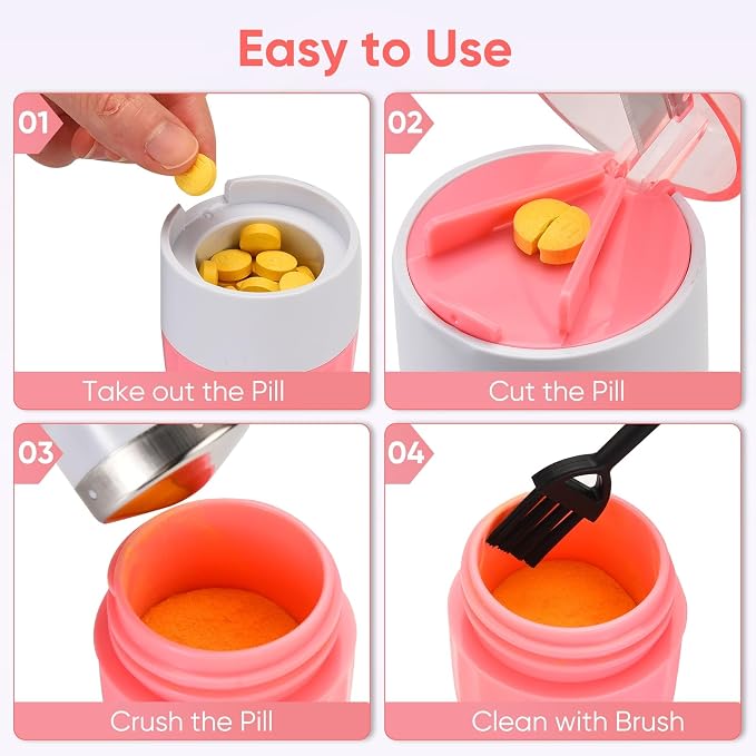 3-in-1 Pill Crusher and Cutter (Pink) | Pills Crusher Fine Powder with Stainless Steel Grinding Head, Storage for Tablets, Cutter Splitter for Small and Tiny Pills