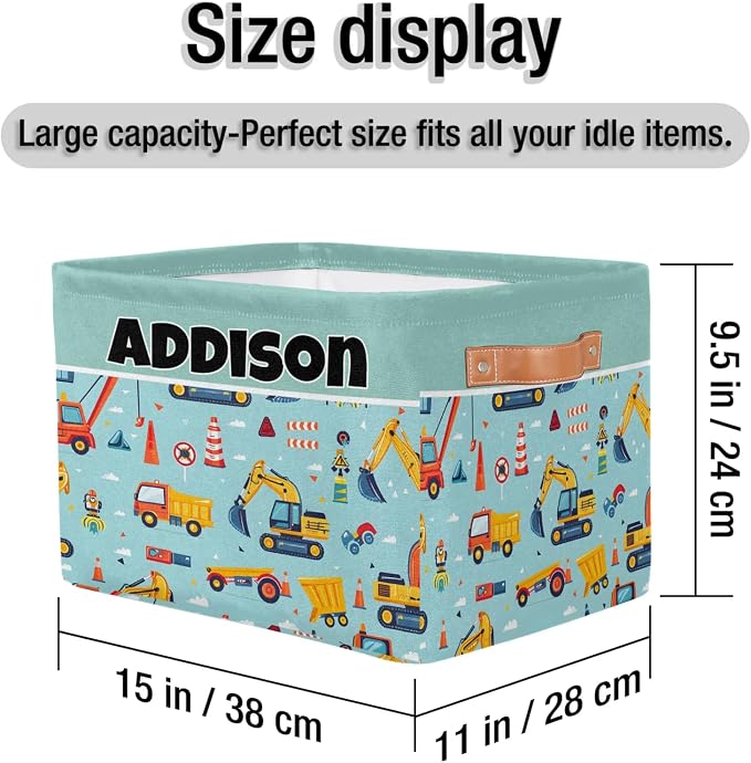 Custom Storage Basket, Personalized Name Rectangle Organizer Bin for Pet/Children Toys, Books, Clothes, Perfect for Rooms/Playroom, Cartoon Construction Site Cranes Excavator