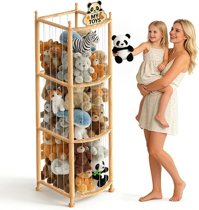 Stuffed Animal Storage Organizer, Wooden Toy Storage Organizer & Plush Storage Tower with Elastic Cords, Stuffed Animal Zoo for Kids Bedroom, Playroom & Nursery, Solid Pine, 15.7 x 15.7 x 53.5 In