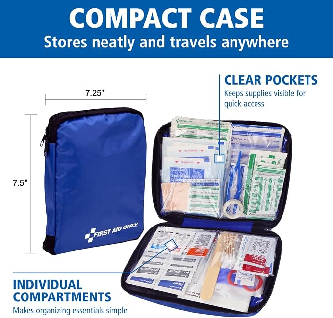 First Aid Only 298 Piece All-Purpose Emergency First Aid Kit for Home, Office, Car, Apartment, Dorm, and Camping, Travel-Friendly Compact Pouch Fits in Backpacks, Suitcases, Cabinets, and Drawers