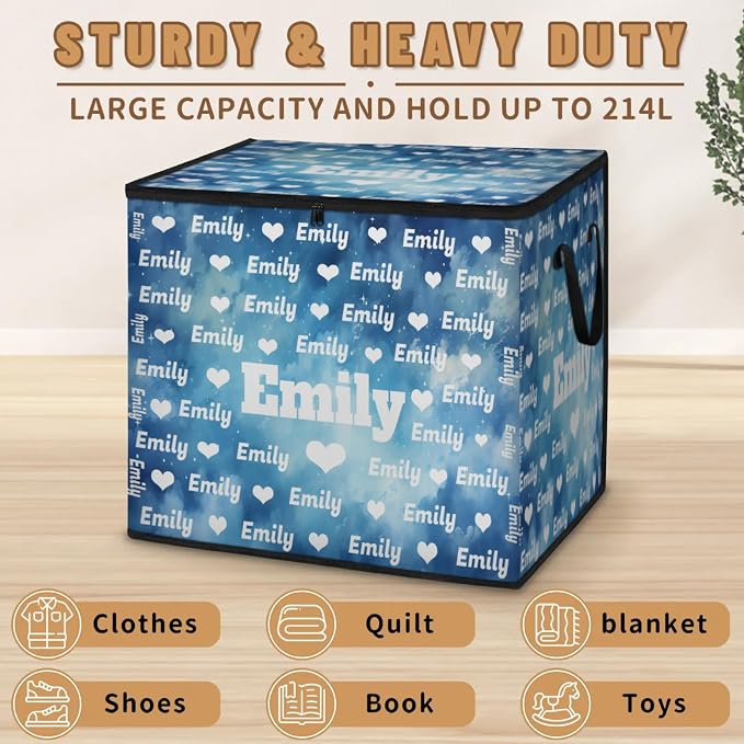 Personalized Name Large Storage Basket with Lid, Watercolor Blue Starry Night with Love Heart Canvas Storage Bins Quilt Clothes Organizer for Bedroom, Kitchen, Bathroom, Nursery, Shelves, Closets
