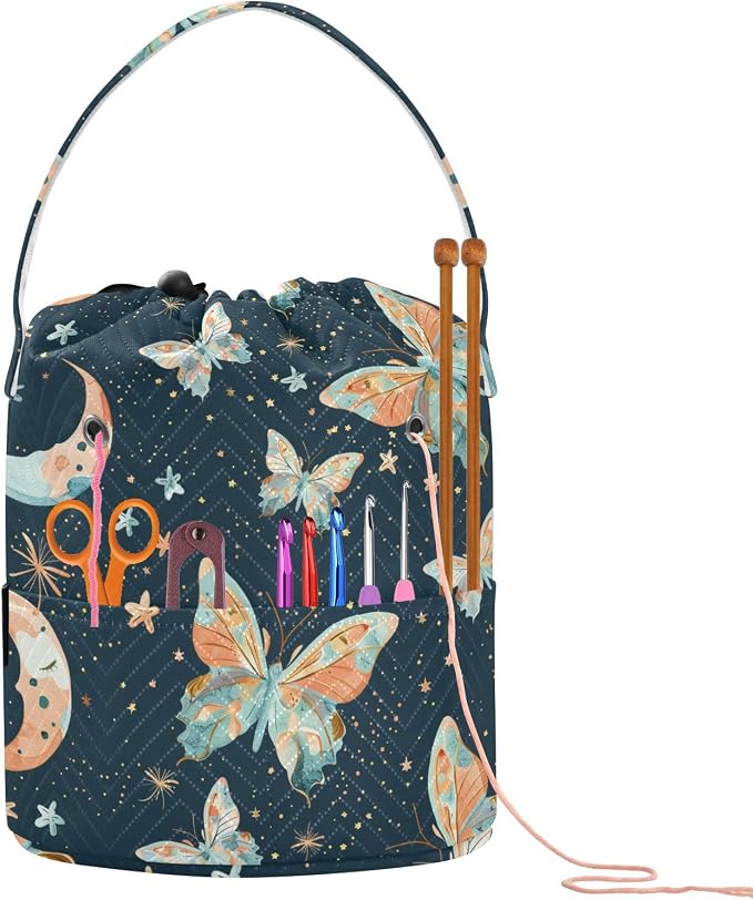 Fustylead Watercolor Hand Draw Butterflies and Moon Stars Yarn Crochet Tote Basket, Large Knitting Drawstring Organizer Yarn Storage Bag for Crocheting Project, Sewing Supplies, Yarn Balls, Needles