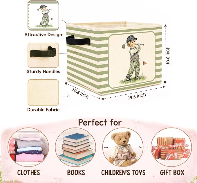 Golf Boy Storage Bin, Foldable Fabric Basket for Bedroom Nursery | Foldable fabric storage bin with little golfer design for toys, books, clothes, nursery, bedroom, and playroom organization.