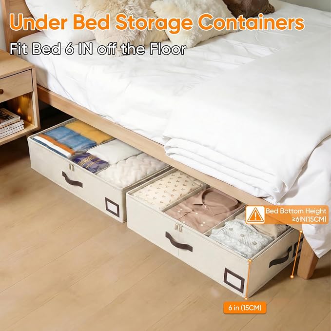 OIAHOMY 2 Pack 53L Under Bed Storage with Adjustable Dividers, 6" Low Profile Underbed Storage Bins for Comforters & Clothes, Save Closet Space with Clear View Lid & Reinforced Handles, Beige