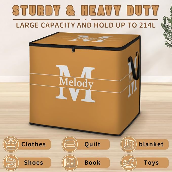Custom Name Large Storage Bin with Lid, Personalized Storage Basket with Zippers for Organizing Comforters, Blankets, Bedding Closet Shelf Baskets, Orange with Initial Letter