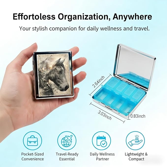 Weekly Pill Organizer, Metal Pill Box with 8 Compartments, Small Travel Pill Case for Purse Pocket, Medicine Vitamin Supplement Organizer (Spirit Horse)