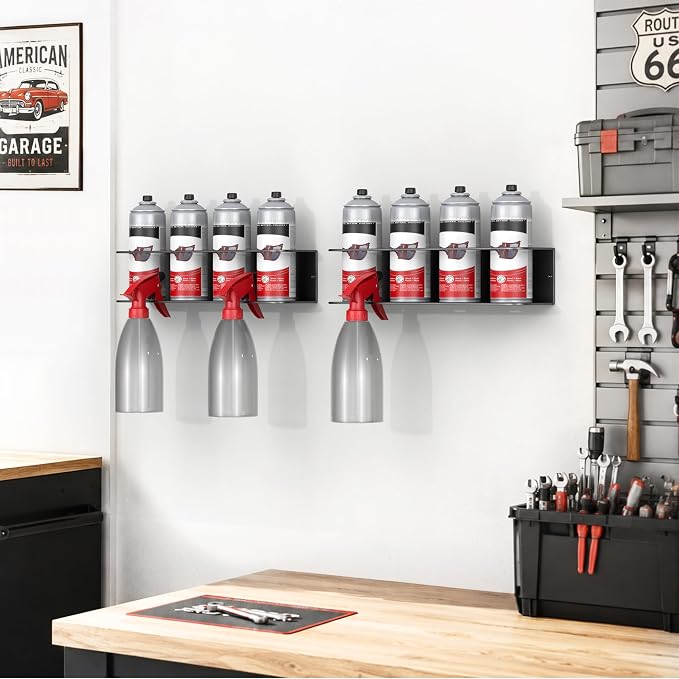 EVERHANGER Spray Can Holder, Wall Mount Spray Bottle Storage Rack | Heavy Duty Paint Bottle Organizer for Garage & Home | 8 Can Holes & 2 Shelf