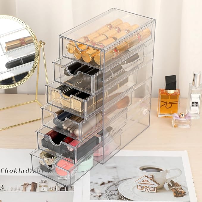 Hipiwe Plastic Drawer Organizer Desktop Storage Box with 6 Pull Out Drawers | Drawers Box for Bathroom, Dresser, Cosmetic Hair Tie Container for Women