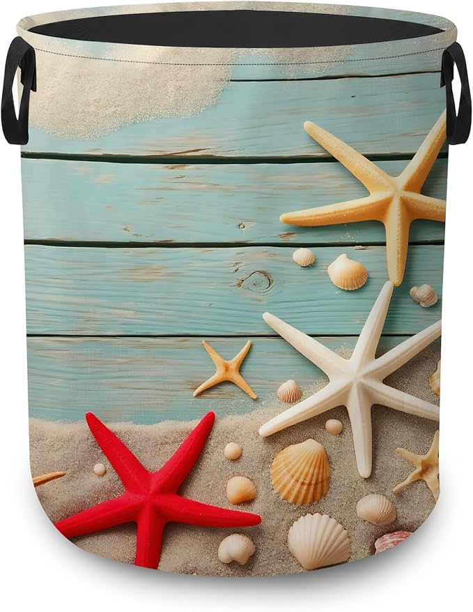 Starfish Seashell Collapsible Laundry Hamper,Blue Coastal Beach Waterproof Oxford Cloth Clothes Basket with Handles for Bathroom Bedroom Nursery Dorm Room,16" x 20"