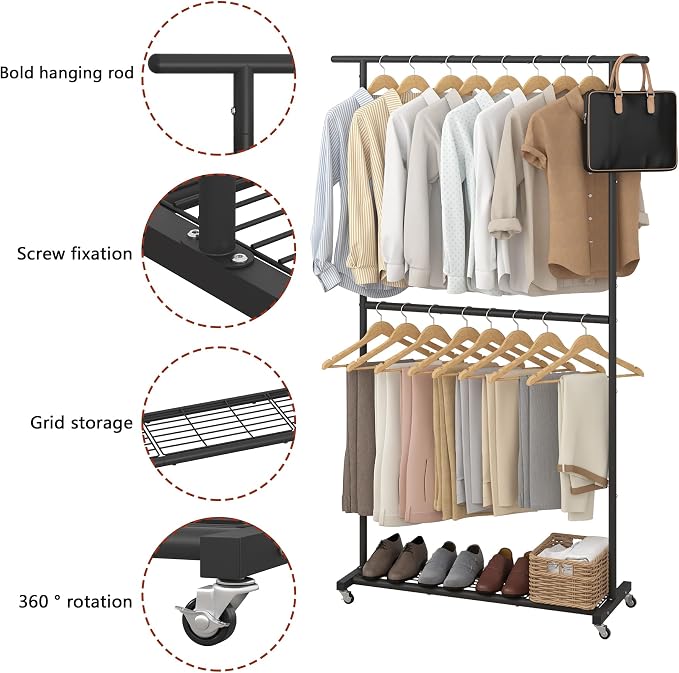 Sywhitta Double Rod Metal Clothing Rack on Wheels with Bottom Mesh,Black | Rolling Garment Organizer, for Hanging Clothes,Coats,Easy to Assemble,Space-Saving,Mobile Organizer for Closet