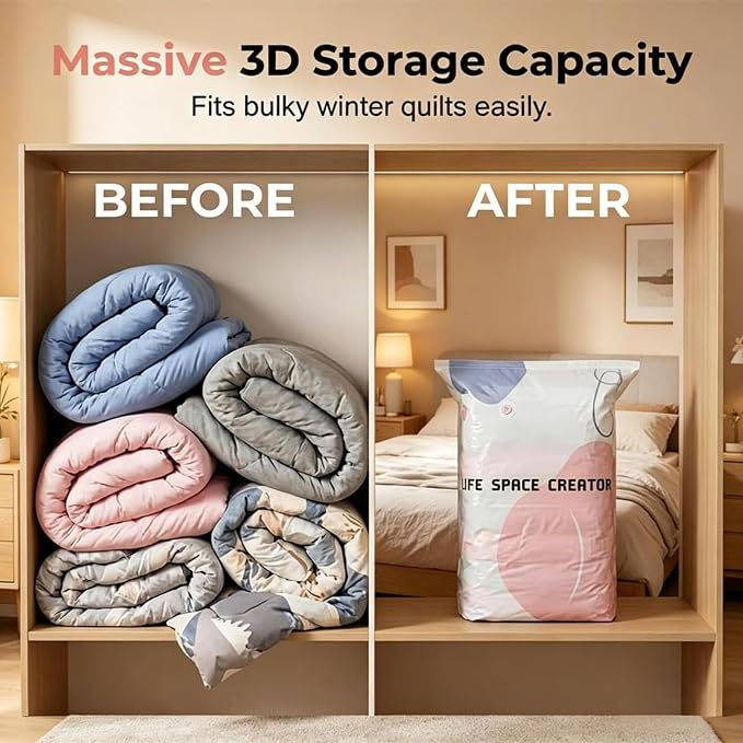 No‑pump Vacuum Storage Bags 3-Sec Fast Compression, Large Capacity Vacuum Bags No Pump Needed, 3D Compression Bags For Storage, Press & Seal Reusable, Space-Saving (2M+1L)