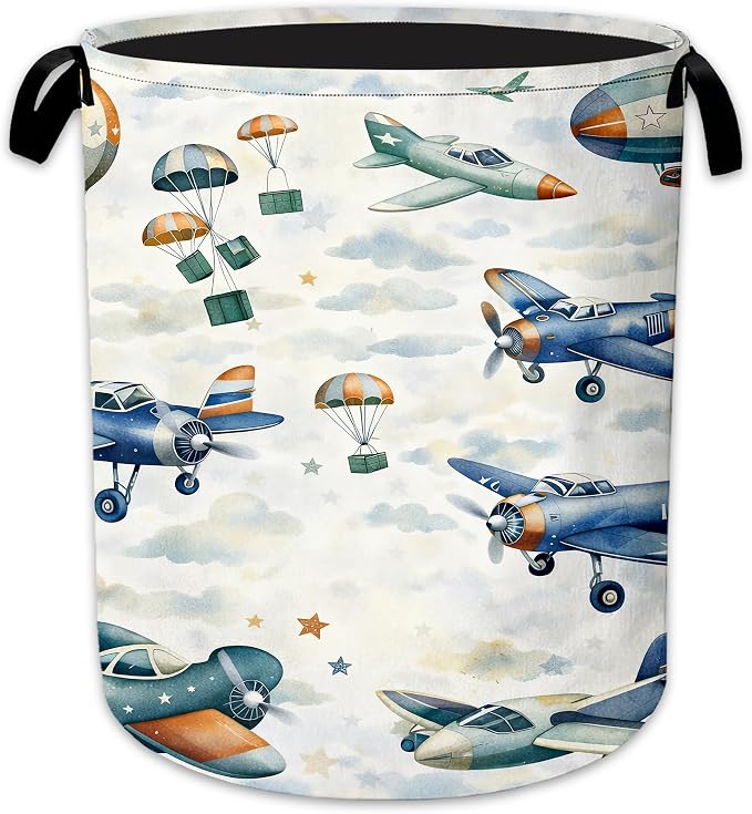 Vintage Airplanes Laundry Basket, Cloud Sky Collapsible Laundry Hamper Waterproof Oxford Cloth With Handles, Clothes Storage Bucket For Bathroom/Bedroom 16" x 20.8"