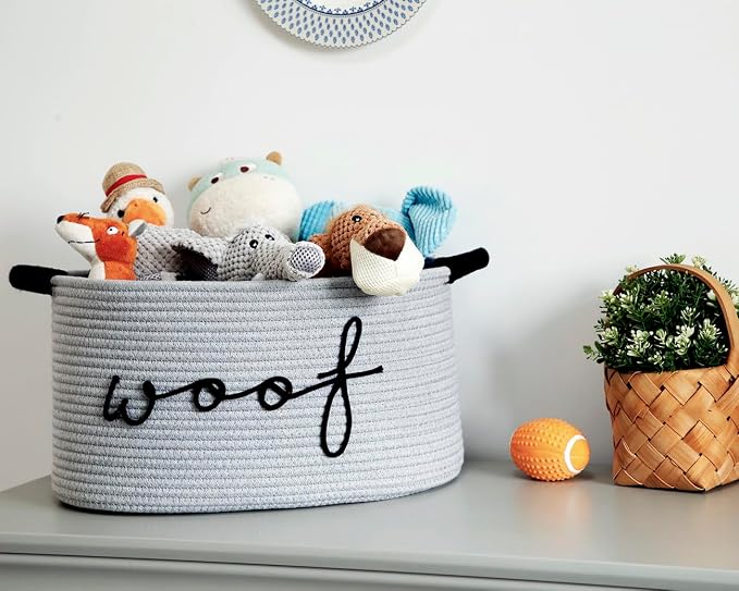 Woof Dog Basket - Cotton Rope Pet Storage Bin With Durable Handles, Large Toy Organizer for Puppies, Perfect for Chew Toys, Blankets and Leashes