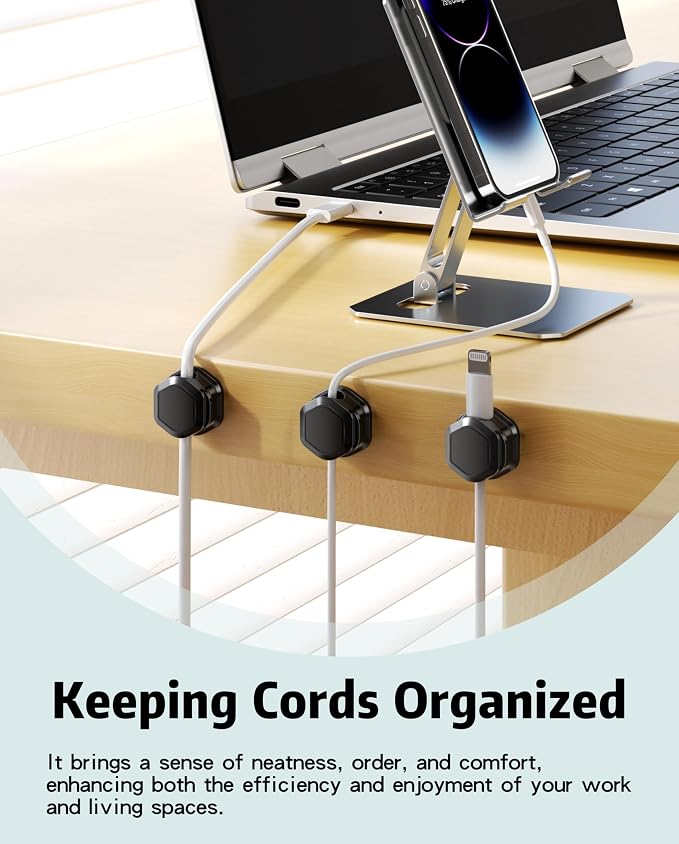 6 Pack Magnetic Cable Clips [Cable Smooth Adjustable] Cord Organizer - Cuworlis Adhesive Wire Holder, Under Desk Cord Holder Keeper for Home Office Desk Phone Car Wall Desktop Nightstand Cabinet