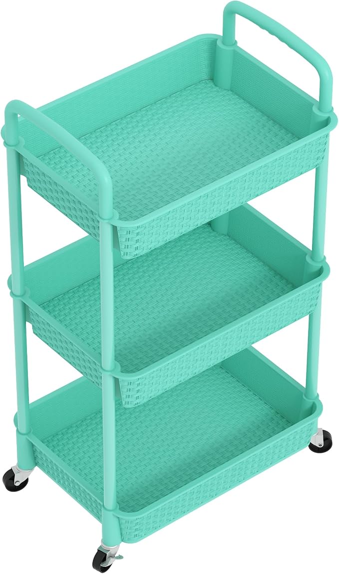 MOYIPIN 3-Tier Plastic Rolling Utility Cart with Handle,Turquoise | Utility Storage Cart for Office, Living Room, Kitchen,Movable Storage Organizer，Easy installation，Rattan-like art design