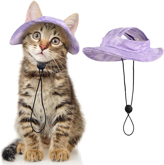DENTRUN Cat Bucket Hat with Ear Hole, Cotton Birthday Bonnet for Small Pets | Breathable cotton, Adjustable Secures fit, For birthday Party, For small cats, daily cute photos
