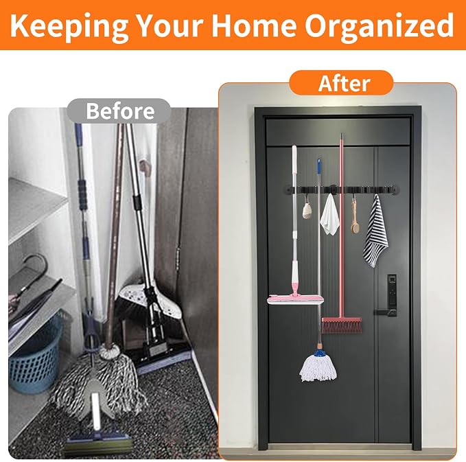 Magnetic Broom Holder Wall Mount with 4 Hooks and 5 Rack- Heavy Duty Non-Slip Mop Hanger for Wet Mops&Cleaning Tools on Refrigerator,Metal Door,Garage,Kitchen,Laundry Room