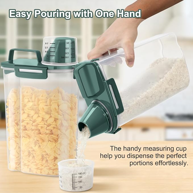 TBMax Rice Storage Container 3 to 5 Lbs - Small Pet Dog Cat Food Container Dispenser with Easy Pouring Spout & Cup, Portable Cereal Container for Small Spaces, Travel, or Daily Use -Dark Green