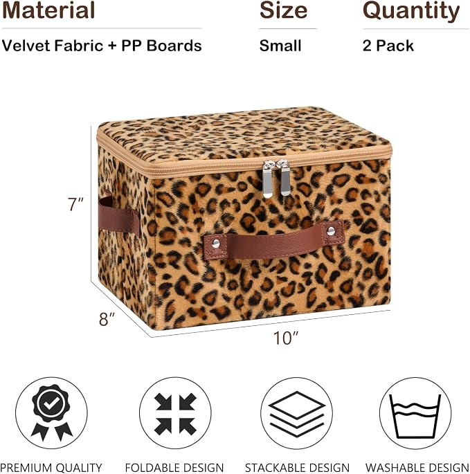 2PCS Storage Bin Boxes with Zipper Lid Leopard Print Cute Basket | Velvet Fabric, PU Leather Handles, PP Plastic Board, Foldable Washable Lidded Closet Shelf Organizer Container, Brown, Small