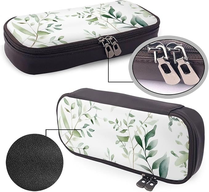 Leather Pen Case with Zipper - Aesthetic Pen Holder White Natural Greenery Twig Pencil Case for Women & Men - Handcrafted Pencil Bag Multi-Functional Travel Cosmetic Case for Work Office Tool Pouch
