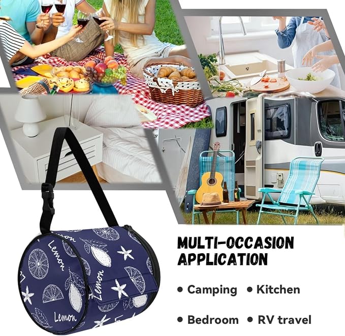 Lemon Paper Towel Holder Water Resistant Tissue Dispenser with Adjustable Strap, Collapsible Zippered Cylinder Hanging Toilet Paper Roll Holder