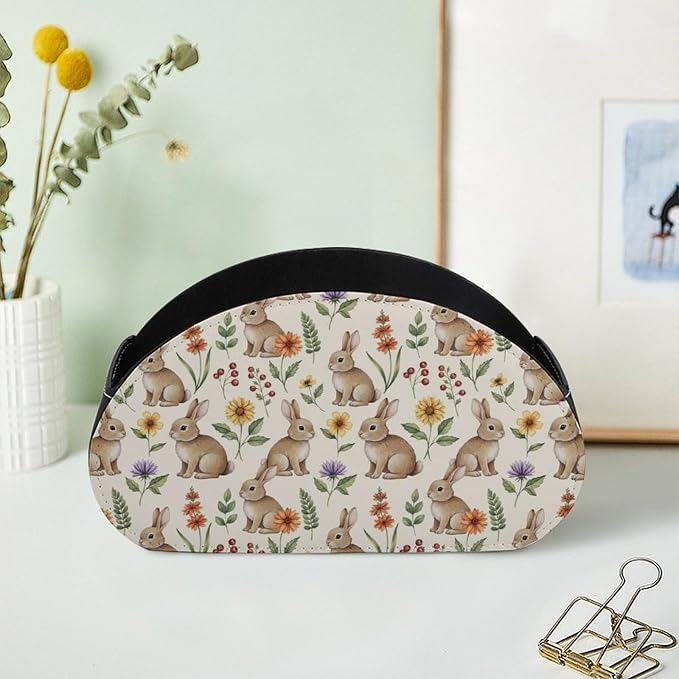 Desk Remote Control Holder Organizer Cute Rabbit Bunnypattern 5 Compartment | Remote Caddy Box, Cute Rabbit Bunnypattern, Pu Leather, Fit Media Player, Maleup Brush, Office Supplies Accessory