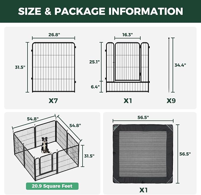 FXW Rollick Dog Playpen with Mesh Top Cover, 32"H, 8 Panels | Heavy-Duty & Easy setup Play Area, Helps Deter Jump-Outs, Indoor Use, For Small & Medium Dogs, Patented