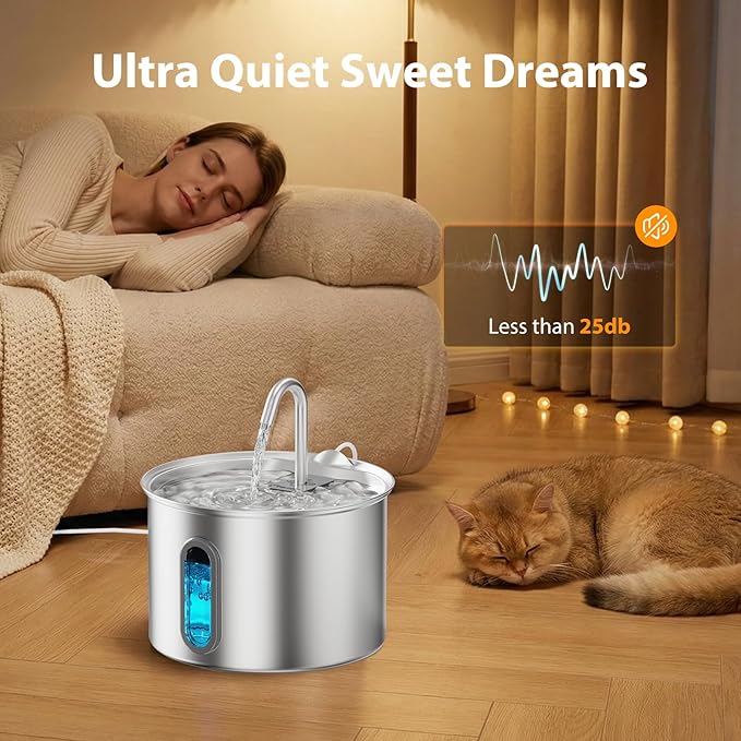 304 Stainless Steel Cat Water Fountain - 2.8L/95oz Quiet Electric Pet Water Fountain with Multi-Stage Filtration, Easy to Clean & Assemble (Pet Water Fountain+6 Filters)