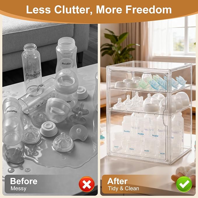 ERTIUANIO Baby Bottle Organizer – 3 Tier Acrylic Bottle Storage Organizer container, Clear Plastic Bottle Station Organizers Drawers for Countertop Kitchen Cabinet Vanity, Bathroom, Gifts for New Mom