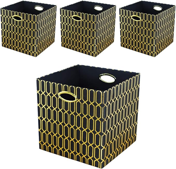 Posprica Storage Bins, Storage Cubes,13×13 Fabric Drawers Organizer Basket Boxes Containers (13×13×13/4pcs, Black/gold geometry Pattern)