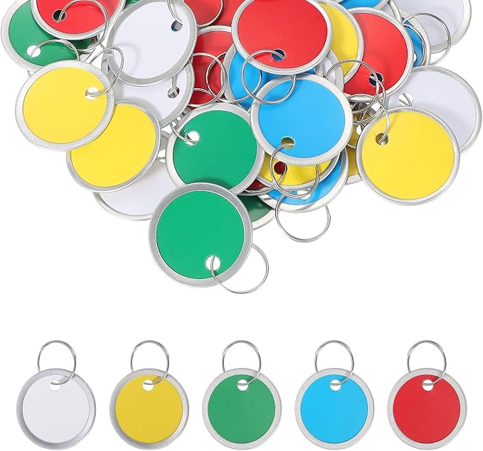 PATIKIL 1.2 Inch Metal Rim Key Tags 25 Pack Blank Round Paper Tags Bulk Writable Keychain Identifiers with Split Rings for Car Door Drawer Key Luggage Pet, Multicolor
