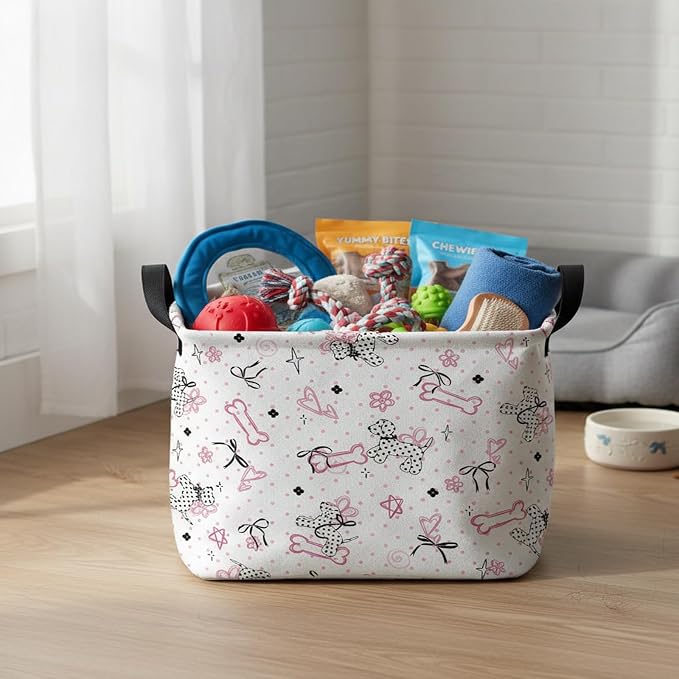 Kid Dog Toy Basket, Pink Bone Black Bow | Rectangular, Collapsible Storage Bin, Baby Room Decor, Nursery Gift Basket
